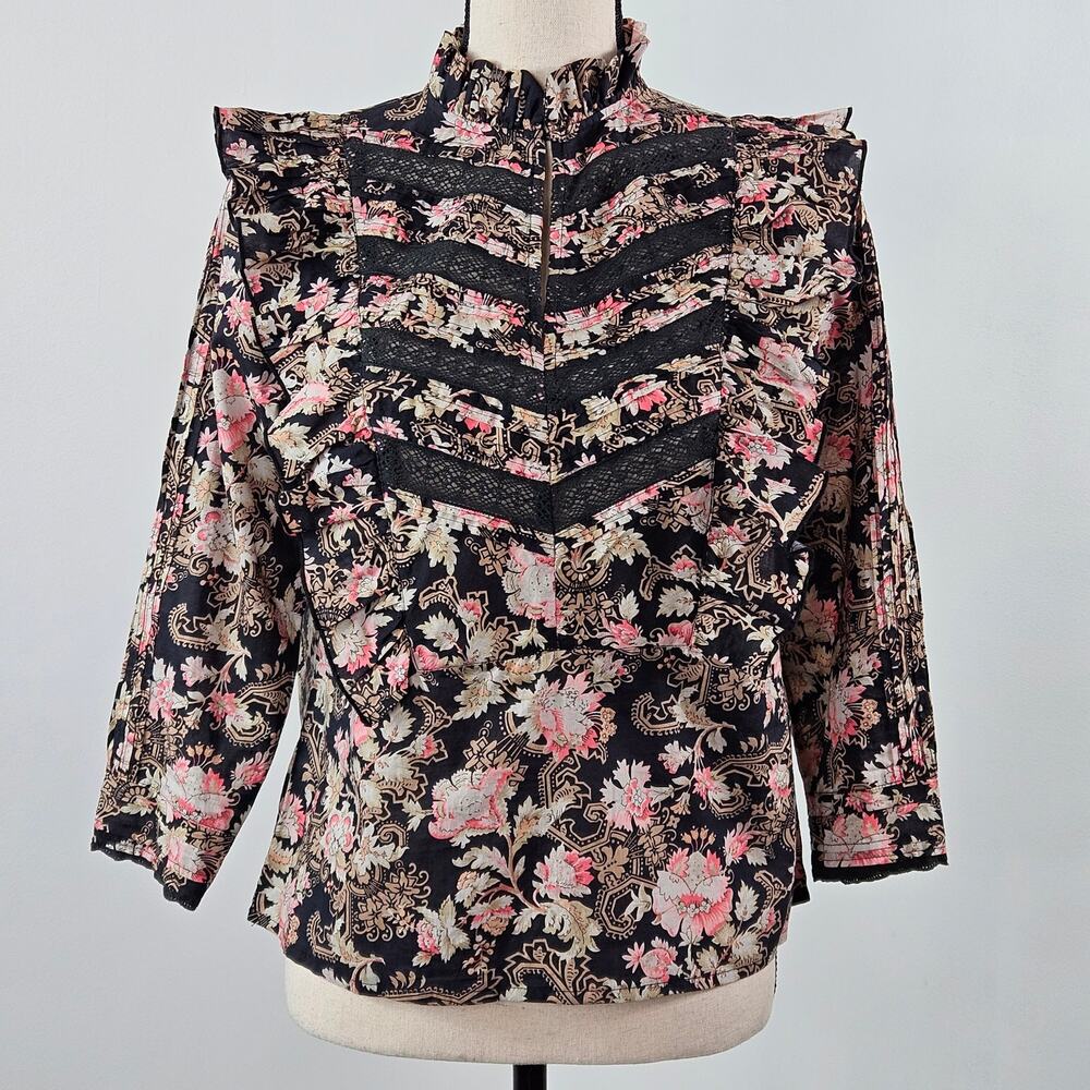 St. Roche Ruffle Lace Boho Floral Print Blouse Top‎ | Women's Small | MINOR FLAW